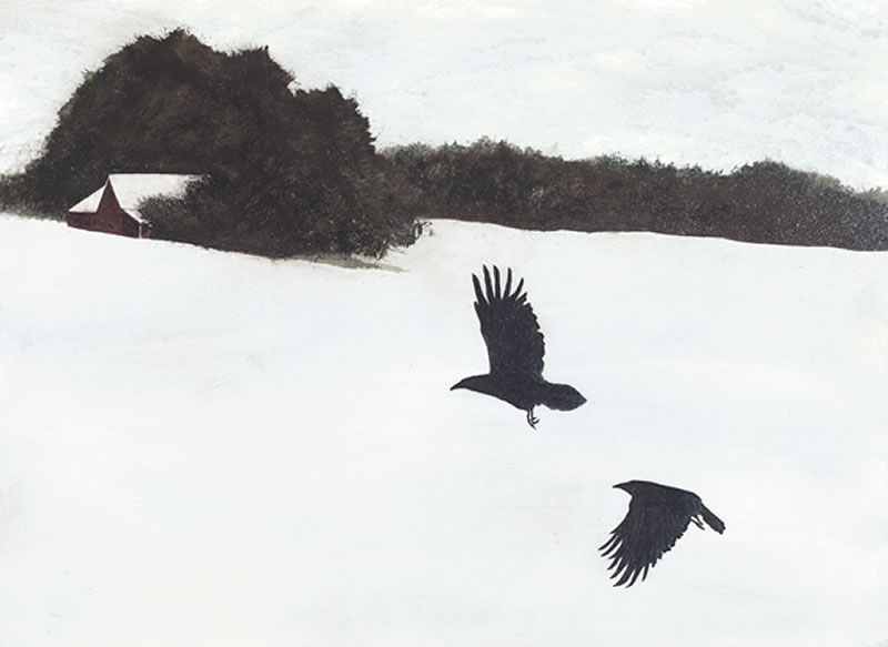 Corcoran Fine Art - Farm Crows watercolor from artist Raymond T. Corcoran